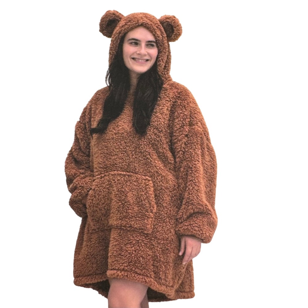 Throwzy‎ Marlo Lorenz Teddy Bear Brown Hooded oversized poncho fleece sz OS